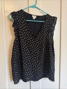 J. Crew Black V-Neck Cap Sleeve Top with Gold Dot Print